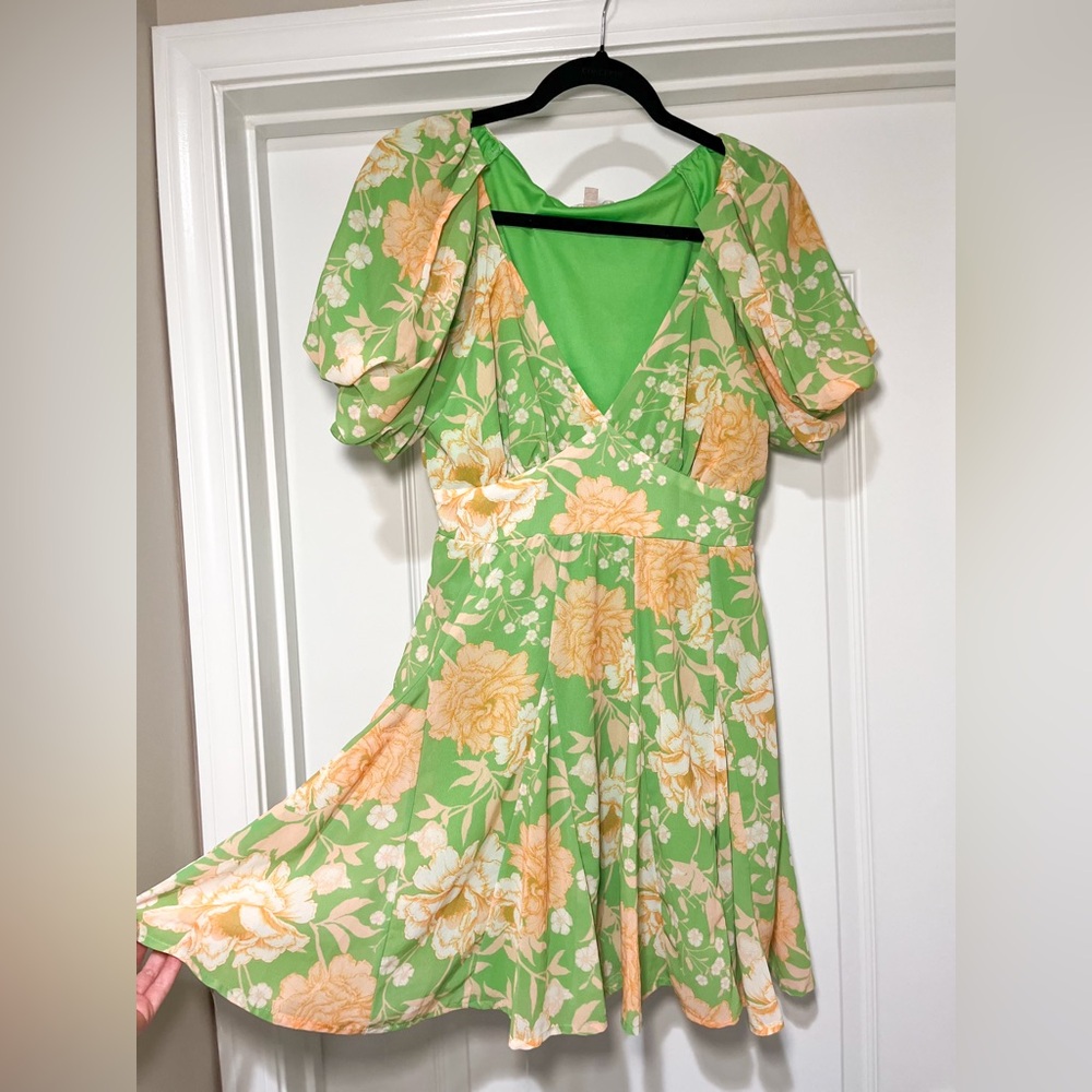 Flying Tomato Green and Orange Puff Sleeve Sundress